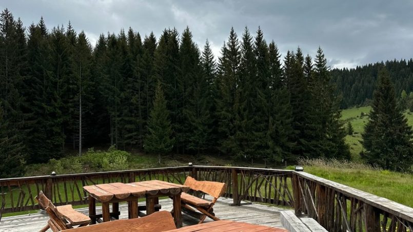 Odai din Plai - terasă exterior cu design rustic modern, zonă jardiniere și vedere panoramică